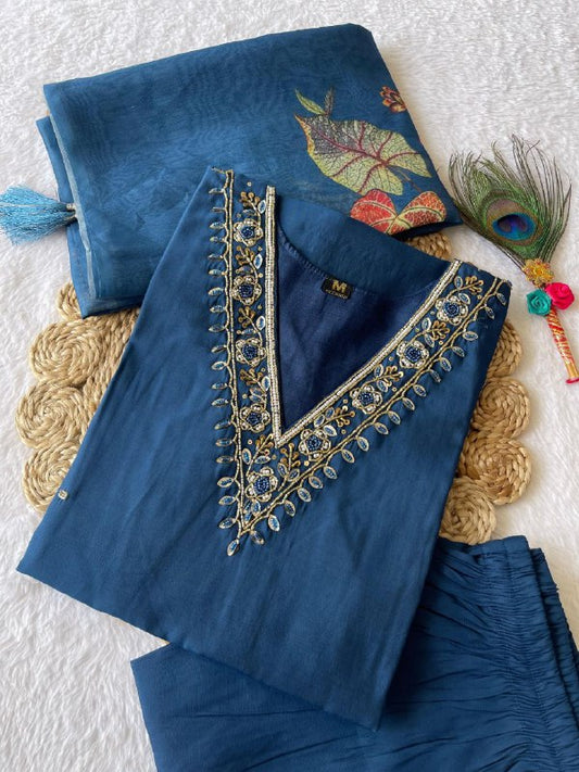 Spectacular Indigo Blue Roman Silk Handworked Kurta Pant Dupatta Set - INDIAN ELEGANCE