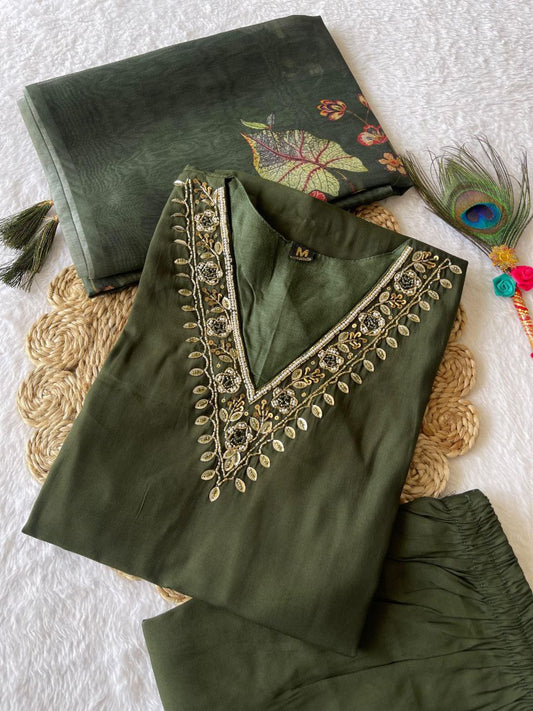 Luminous Mehendi Roman Silk Handworked Kurta Pant Dupatta Set - INDIAN ELEGANCE