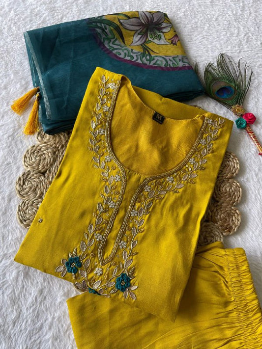 Resplendent Lemon Yellow Roman Silk Handworked Kurta Pant Dupatta Set - INDIAN ELEGANCE