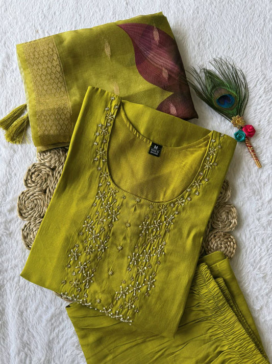 Graceful Parrot Roman Silk Handworked Kurta Pant Dupatta Set - INDIAN ELEGANCE