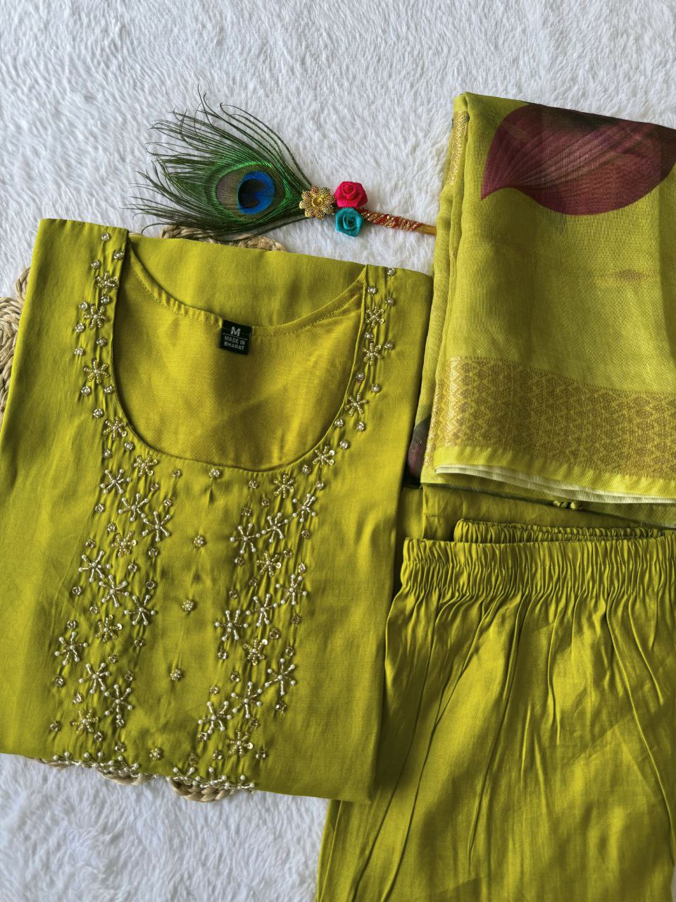 Graceful Parrot Roman Silk Handworked Kurta Pant Dupatta Set - INDIAN ELEGANCE