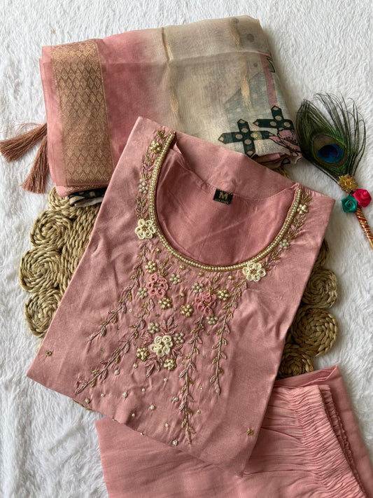 Magnificent Peach Roman Silk Handworked Kurta Pant Dupatta Set - INDIAN ELEGANCE
