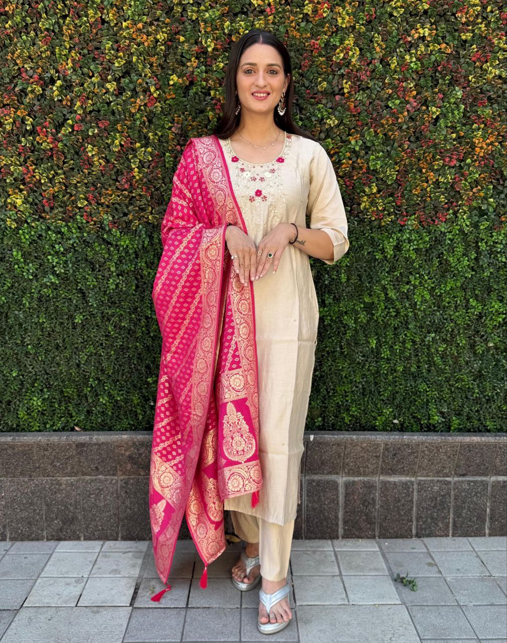 Lovely Cream Roman Silk Handworked Kurta Pant Dupatta Set - INDIAN ELEGANCE