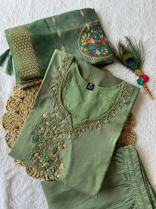 Elegant Pista Roman Silk Handworked Kurta Pant Dupatta Set - INDIAN ELEGANCE