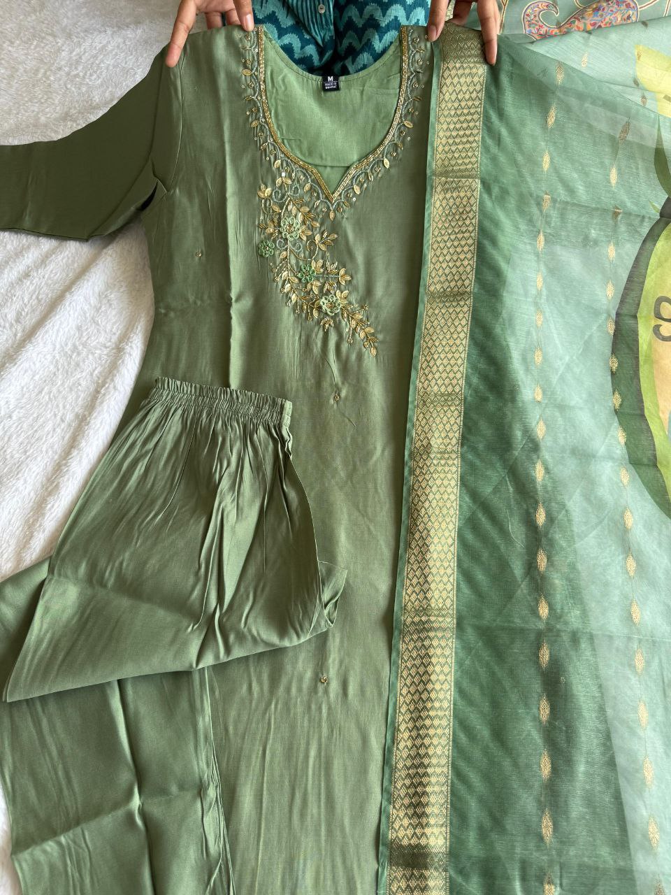 Elegant Pista Roman Silk Handworked Kurta Pant Dupatta Set - INDIAN ELEGANCE