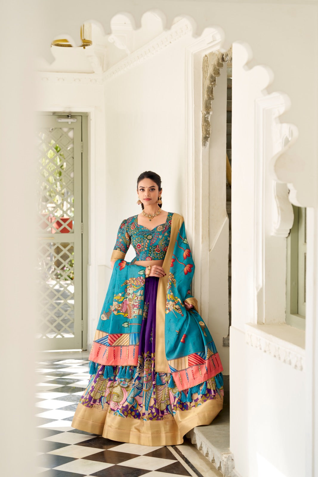 Spectacular Dola Silk Kalamkari Printed Lehenga Choli Set - INDIAN ELEGANCE
