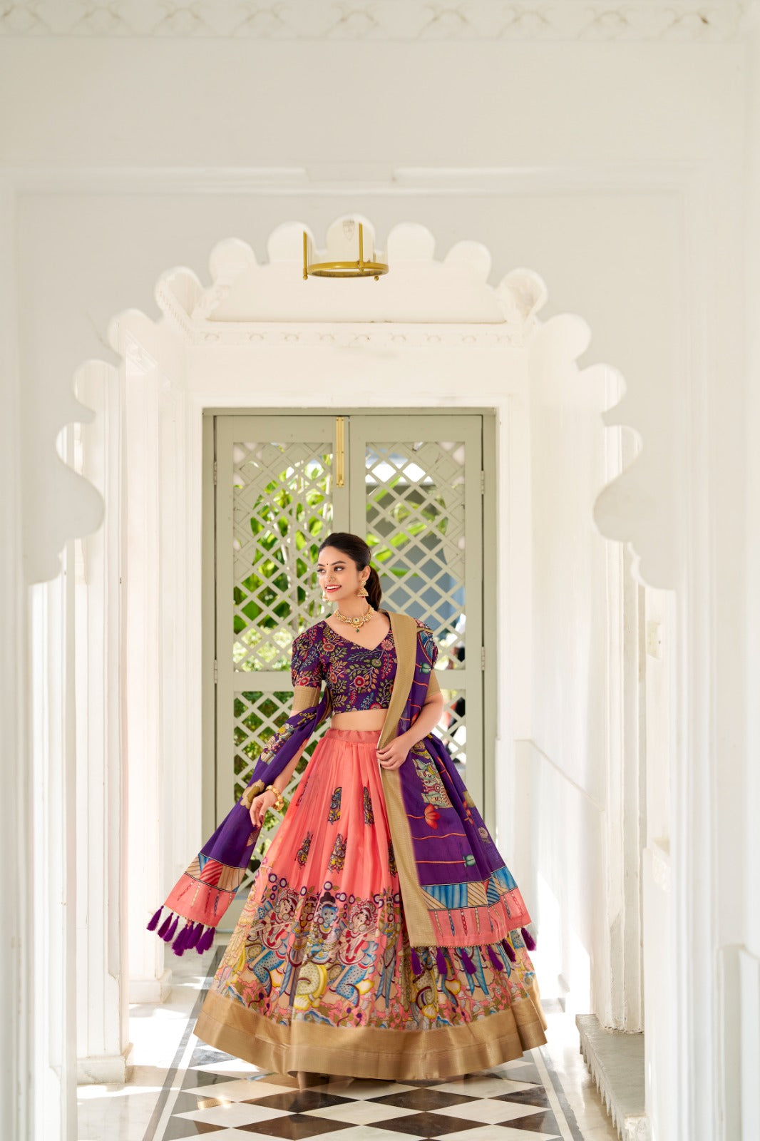 Spectacular Dola Silk Kalamkari Printed Lehenga Choli Set - INDIAN ELEGANCE