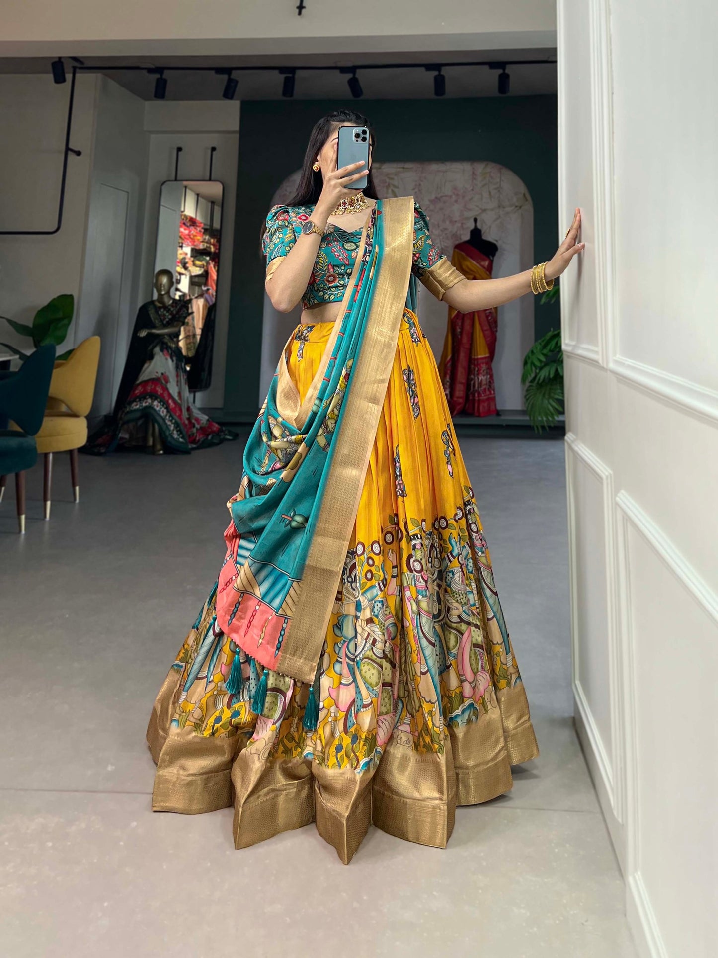 Spectacular Dola Silk Kalamkari Printed Lehenga Choli Set - INDIAN ELEGANCE