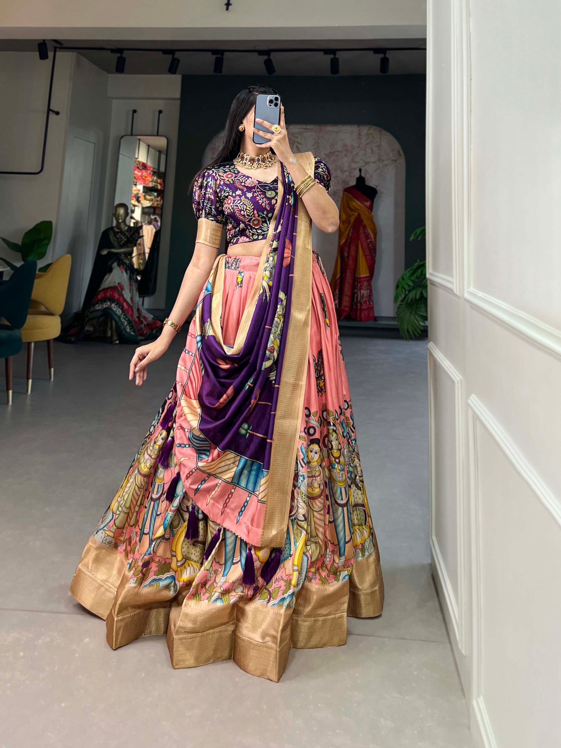 Spectacular Dola Silk Kalamkari Printed Lehenga Choli Set - INDIAN ELEGANCE