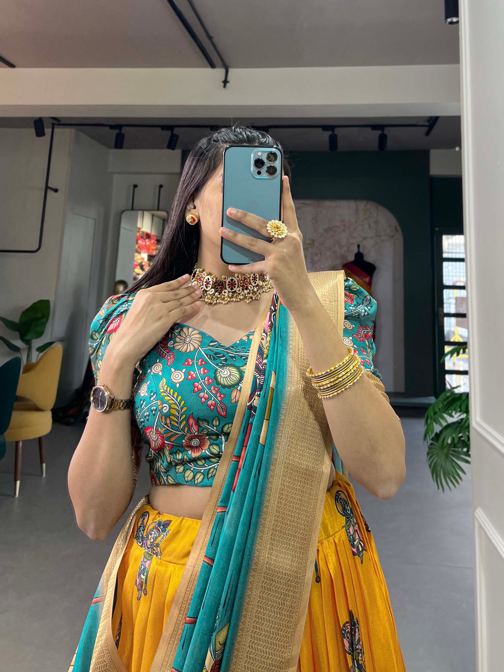 Spectacular Dola Silk Kalamkari Printed Lehenga Choli Set - INDIAN ELEGANCE