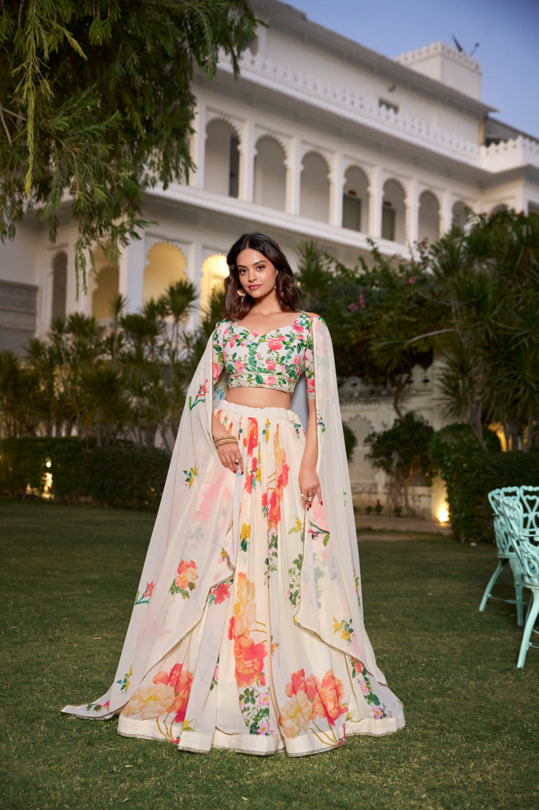 Fetching Cream Georgette Floral Printed Lehenga Choli Set - INDIAN ELEGANCE