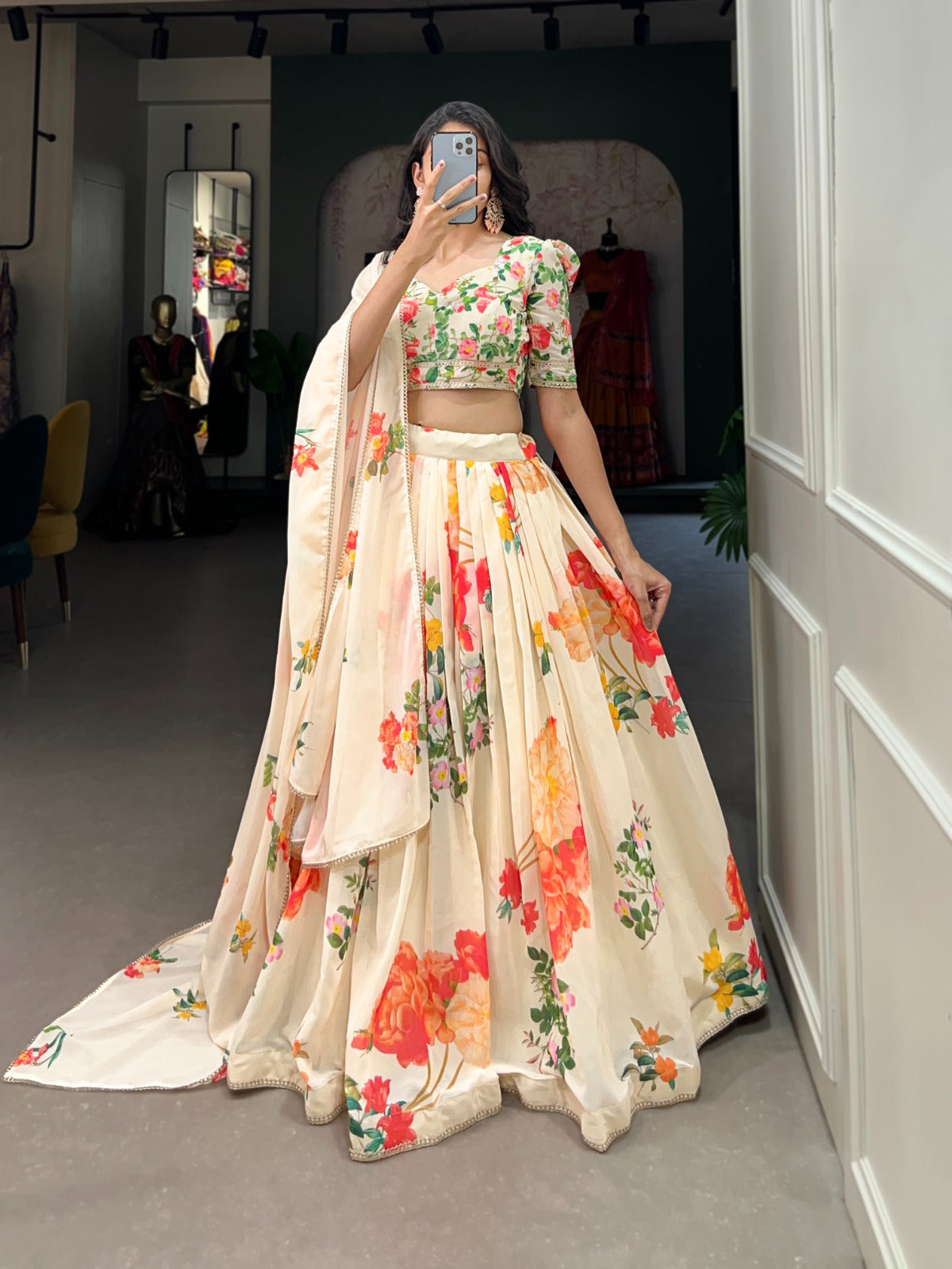 Fetching Cream Georgette Floral Printed Lehenga Choli Set - INDIAN ELEGANCE