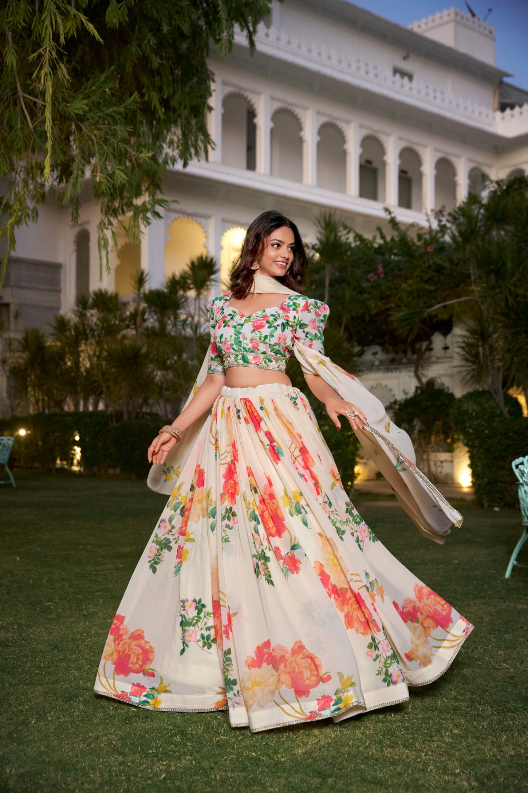Fetching Cream Georgette Floral Printed Lehenga Choli Set - INDIAN ELEGANCE