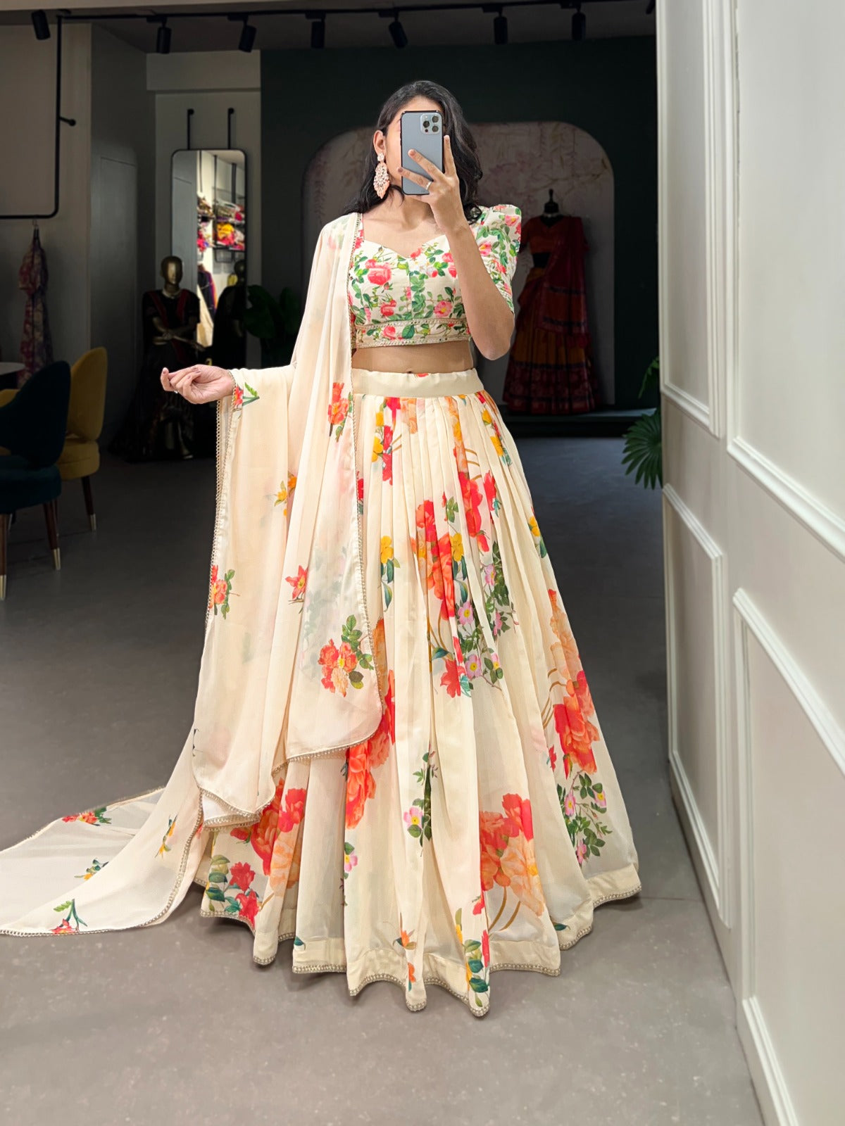 Fetching Cream Georgette Floral Printed Lehenga Choli Set - INDIAN ELEGANCE