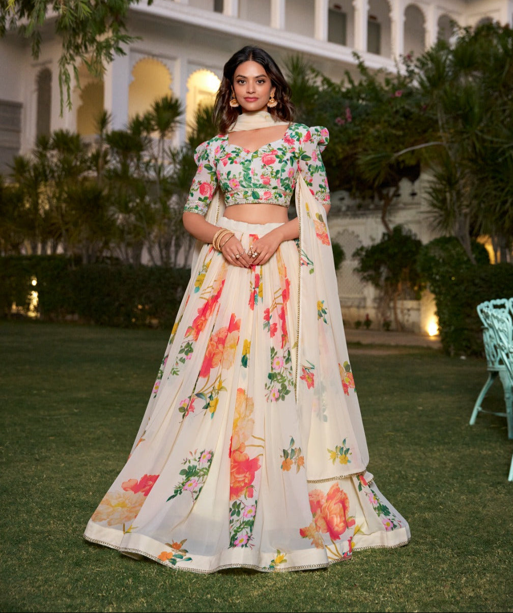 Fetching Cream Georgette Floral Printed Lehenga Choli Set - INDIAN ELEGANCE