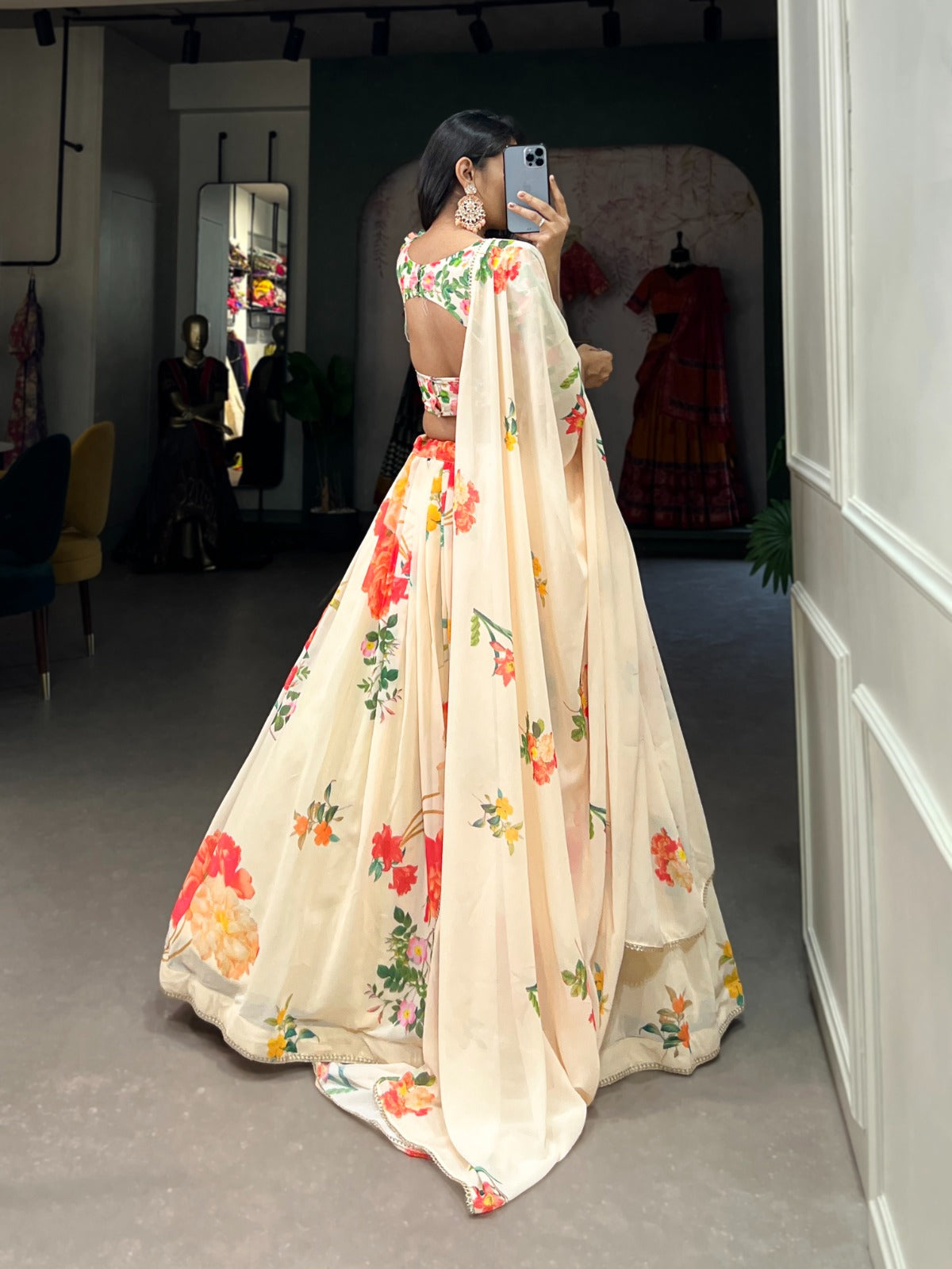 Fetching Cream Georgette Floral Printed Lehenga Choli Set - INDIAN ELEGANCE