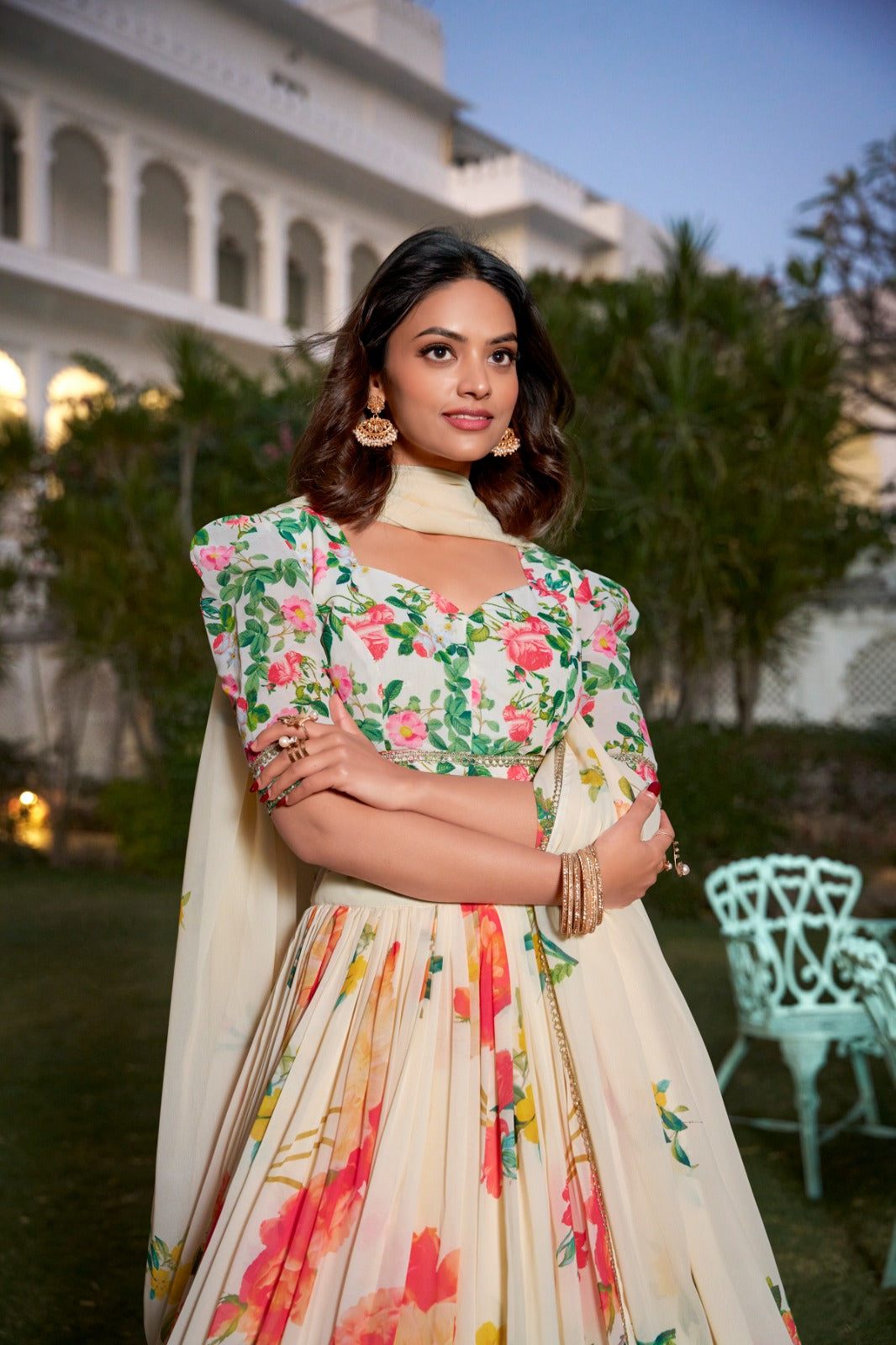 Fetching Cream Georgette Floral Printed Lehenga Choli Set - INDIAN ELEGANCE