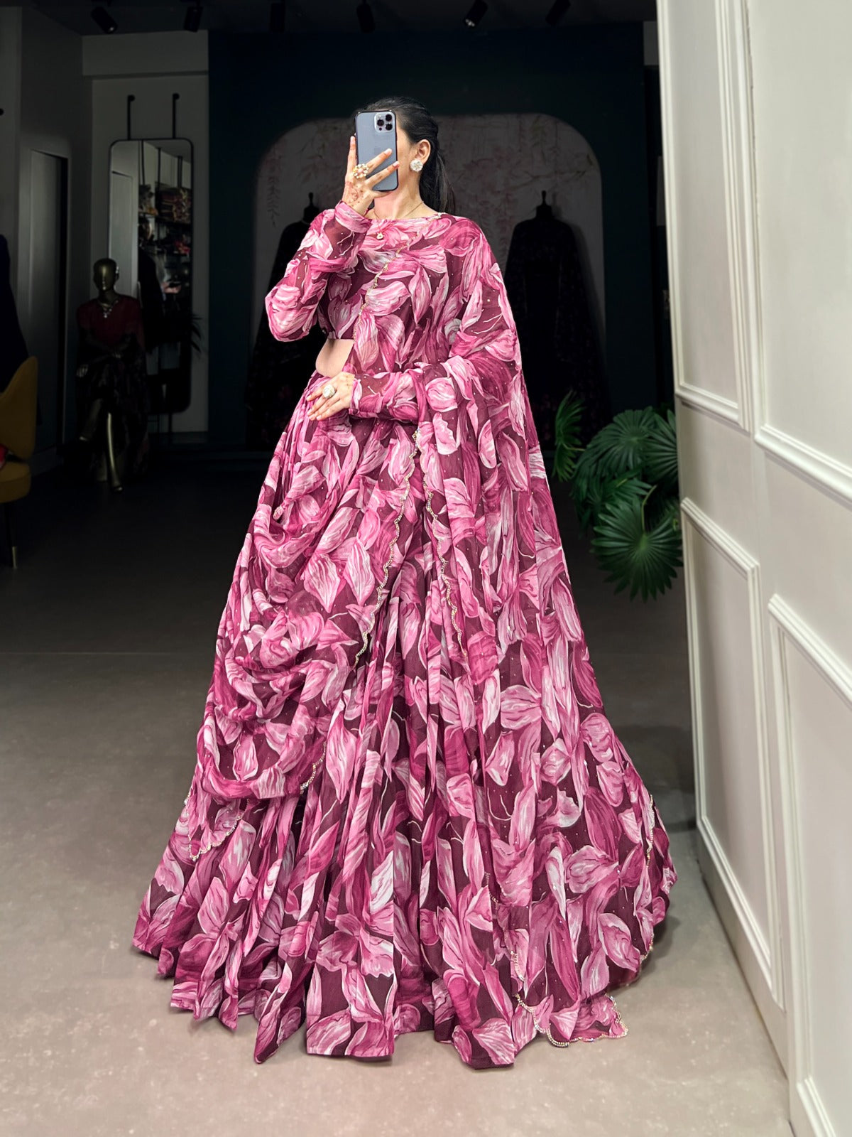 Spellbinding Tabby Silk Printed Hotfix Worked Lehenga Choli - INDIAN ELEGANCE