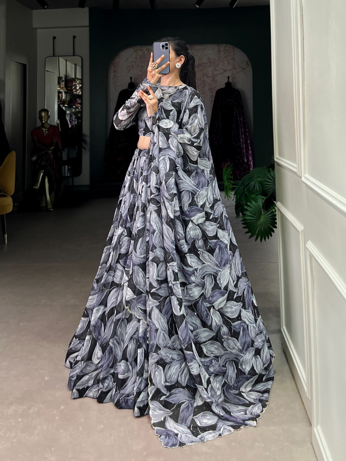 Spellbinding Tabby Silk Printed Hotfix Worked Lehenga Choli - INDIAN ELEGANCE