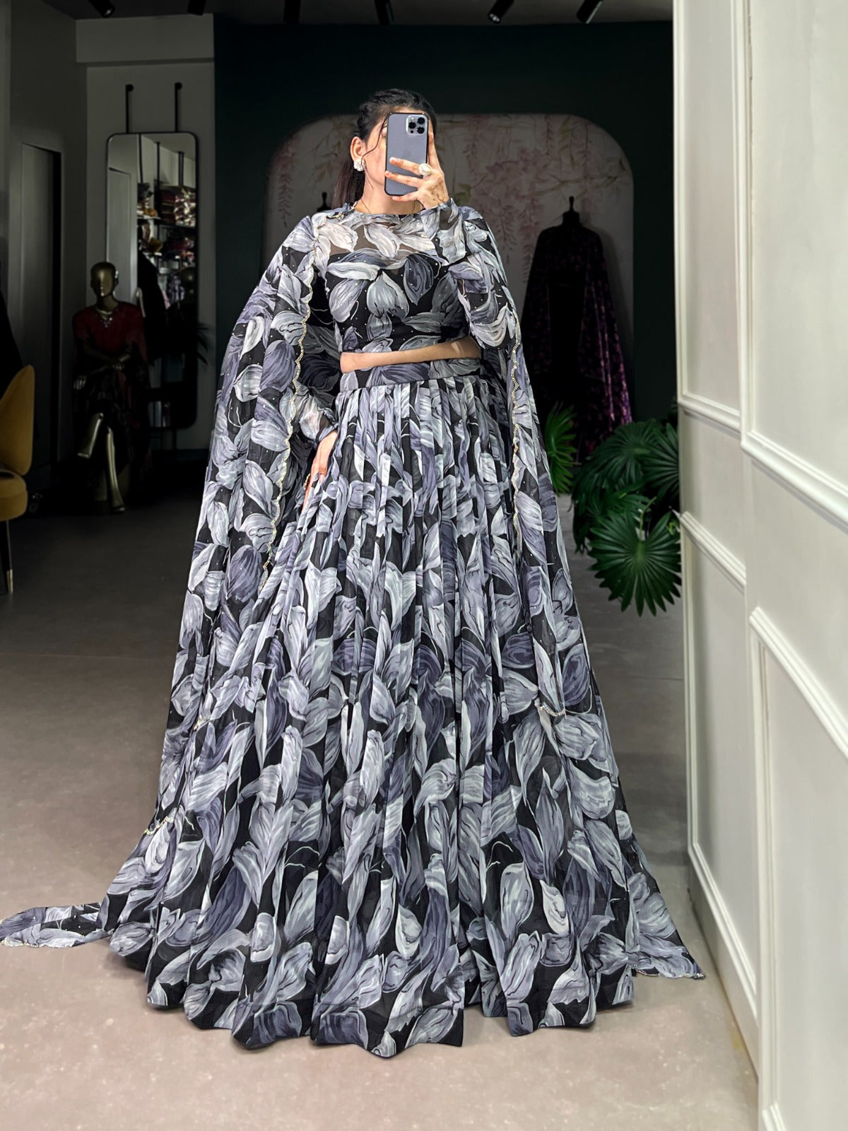 Spellbinding Tabby Silk Printed Hotfix Worked Lehenga Choli - INDIAN ELEGANCE