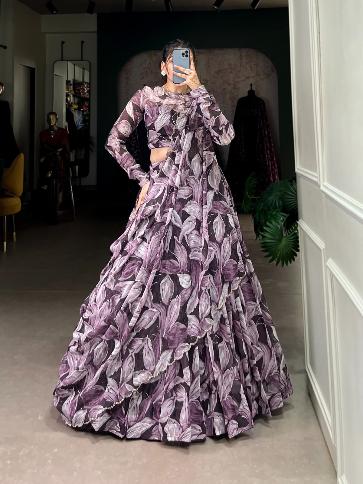 Spellbinding Tabby Silk Printed Hotfix Worked Lehenga Choli - INDIAN ELEGANCE