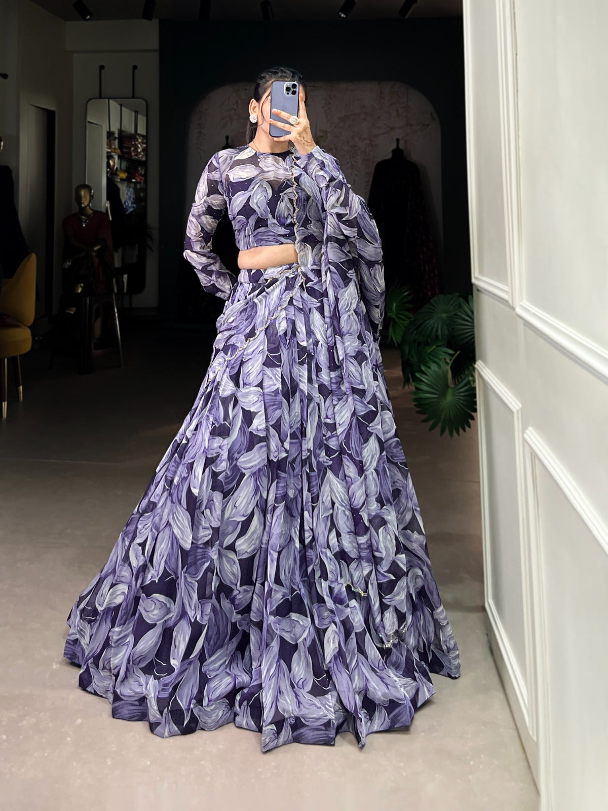 Spellbinding Tabby Silk Printed Hotfix Worked Lehenga Choli - INDIAN ELEGANCE