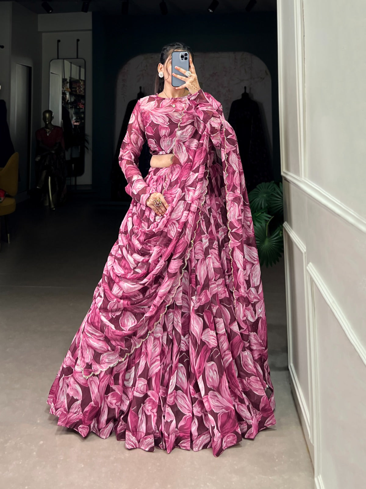 Spellbinding Tabby Silk Printed Hotfix Worked Lehenga Choli - INDIAN ELEGANCE