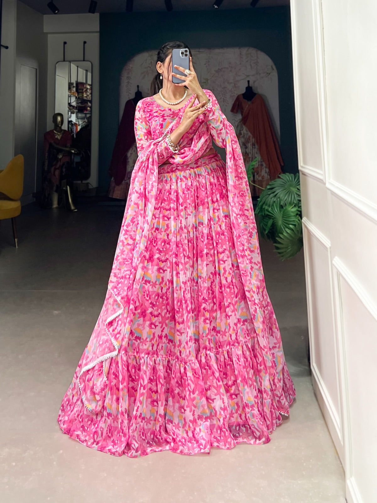 Polished Pink Georgette Printed Fully Flared Lehenga Choli - INDIAN ELEGANCE