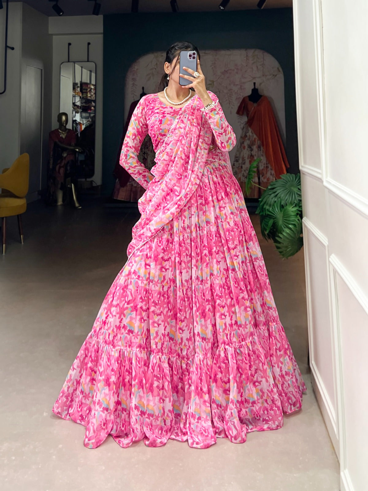 Polished Pink Georgette Printed Fully Flared Lehenga Choli - INDIAN ELEGANCE