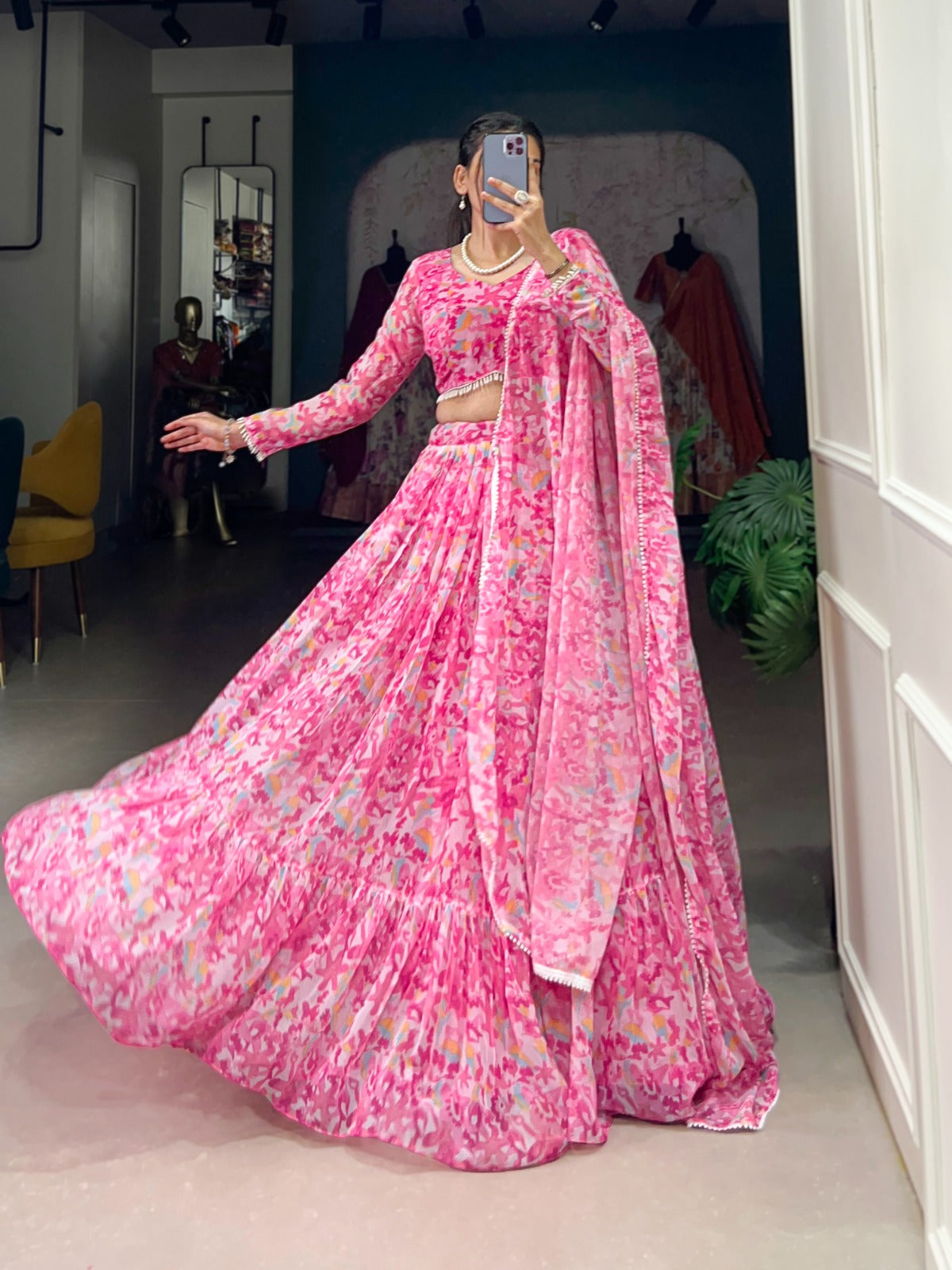 Polished Pink Georgette Printed Fully Flared Lehenga Choli - INDIAN ELEGANCE