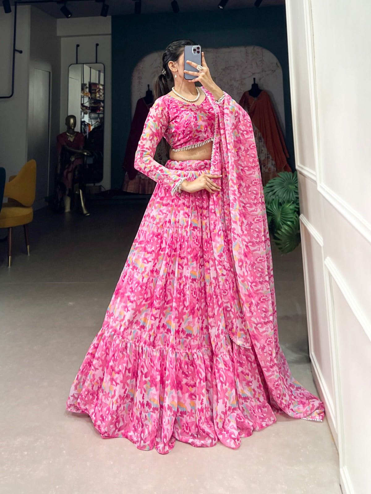 Polished Pink Georgette Printed Fully Flared Lehenga Choli - INDIAN ELEGANCE