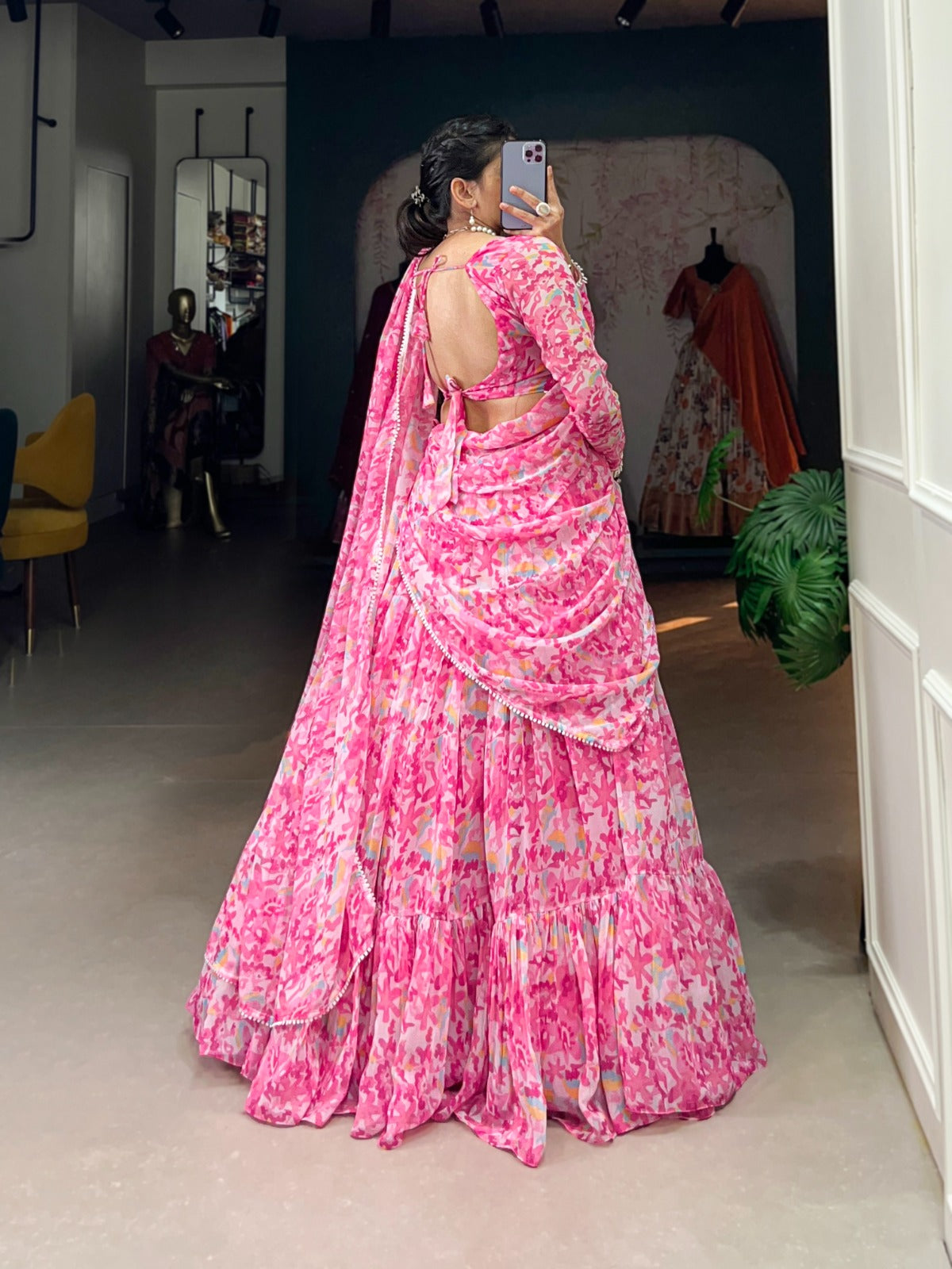 Polished Pink Georgette Printed Fully Flared Lehenga Choli - INDIAN ELEGANCE