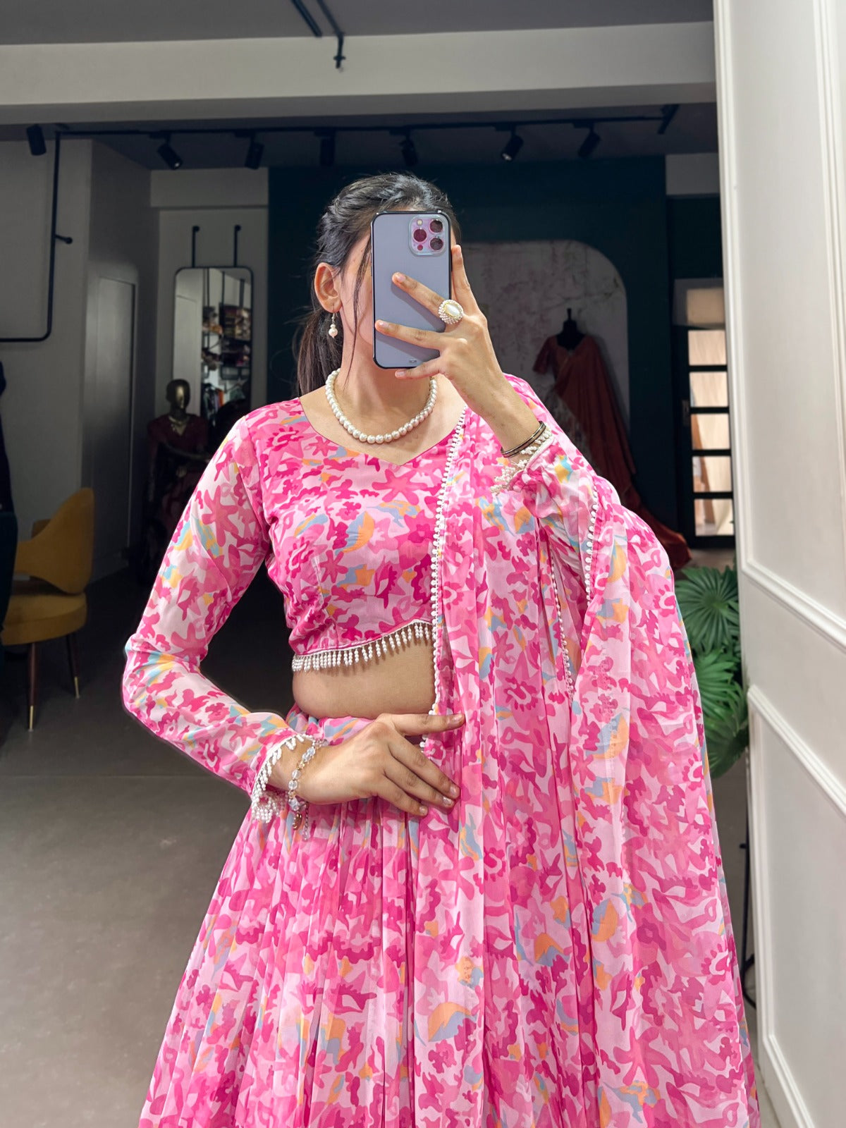 Polished Pink Georgette Printed Fully Flared Lehenga Choli - INDIAN ELEGANCE