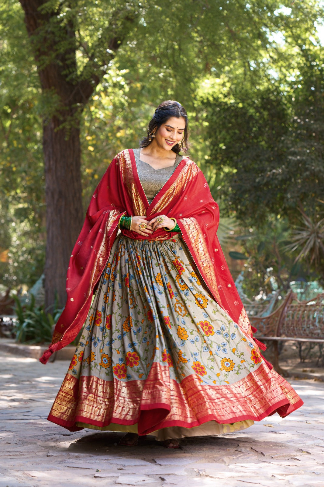 Elegant Gray Tussar Silk Kalamkari Printed Lehenga Choli Set - INDIAN ELEGANCE