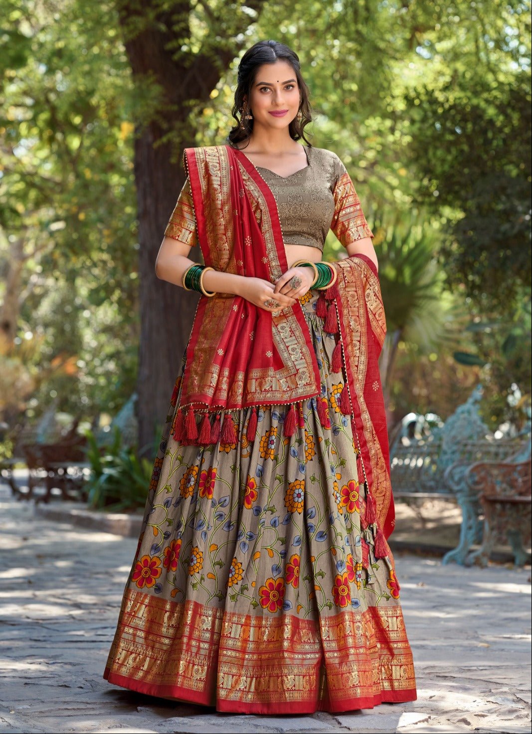 Elegant Gray Tussar Silk Kalamkari Printed Lehenga Choli Set - INDIAN ELEGANCE