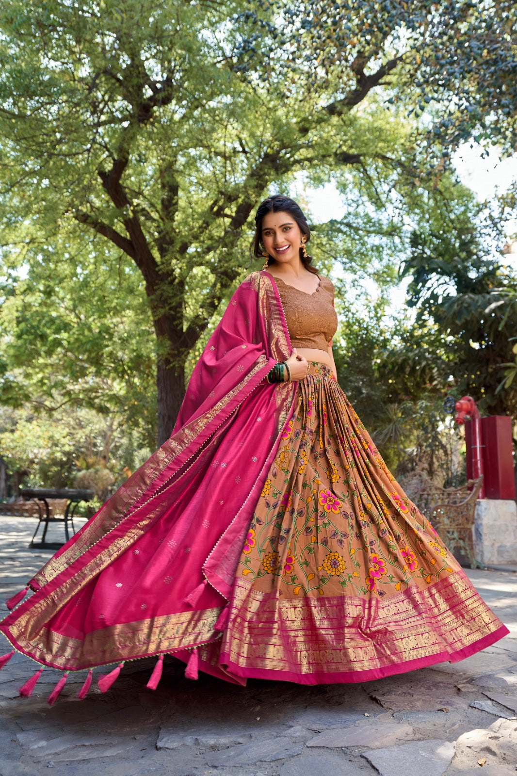 Ethereal Mustard Tussar Silk Kalamkari Printed Lehenga Choli Set - INDIAN ELEGANCE