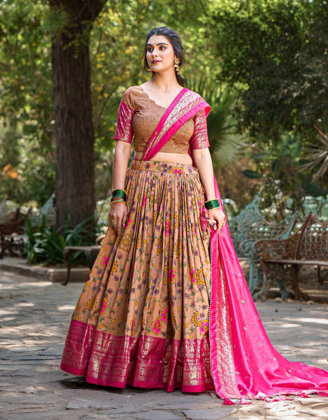 Ethereal Mustard Tussar Silk Kalamkari Printed Lehenga Choli Set - INDIAN ELEGANCE
