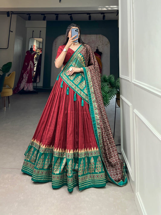 Graceful Red Tussar Silk Printed Foil Worked Lehenga Choli - INDIAN ELEGANCE