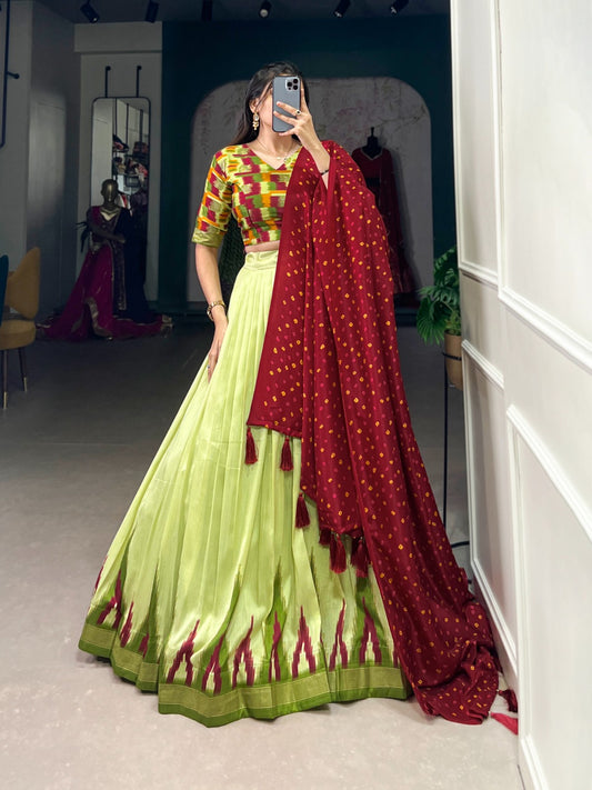 Spectacular Parrot Green Tussar Silk Fully Stitched Lehenga Choli - INDIAN ELEGANCE