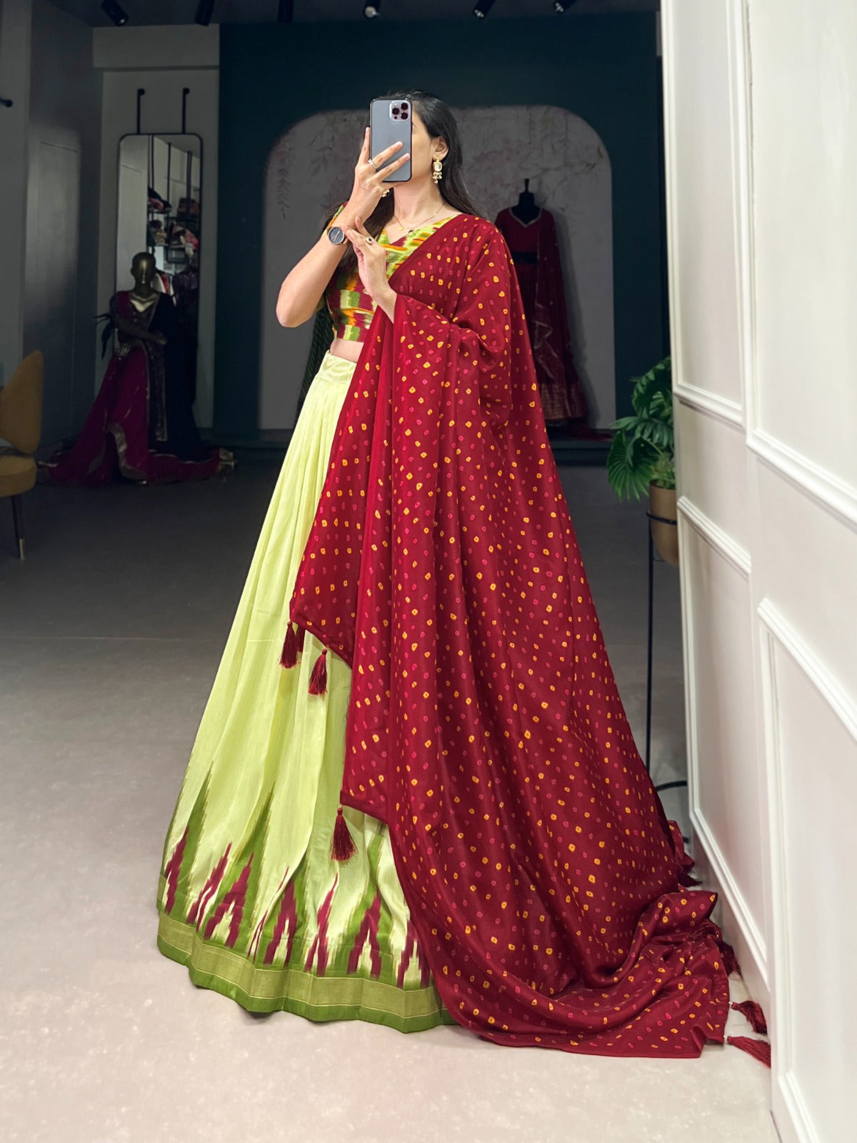 Spectacular Parrot Green Tussar Silk Fully Stitched Lehenga Choli - INDIAN ELEGANCE