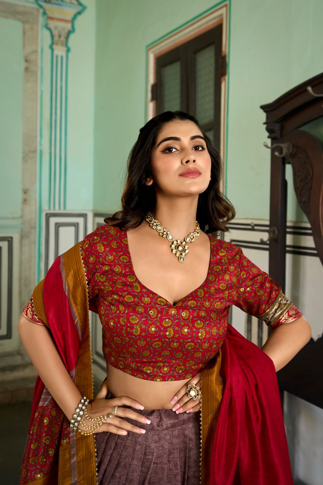 Chic Onion Tussar Silk Kashmiri Printed Lehenga Choli Set - INDIAN ELEGANCE