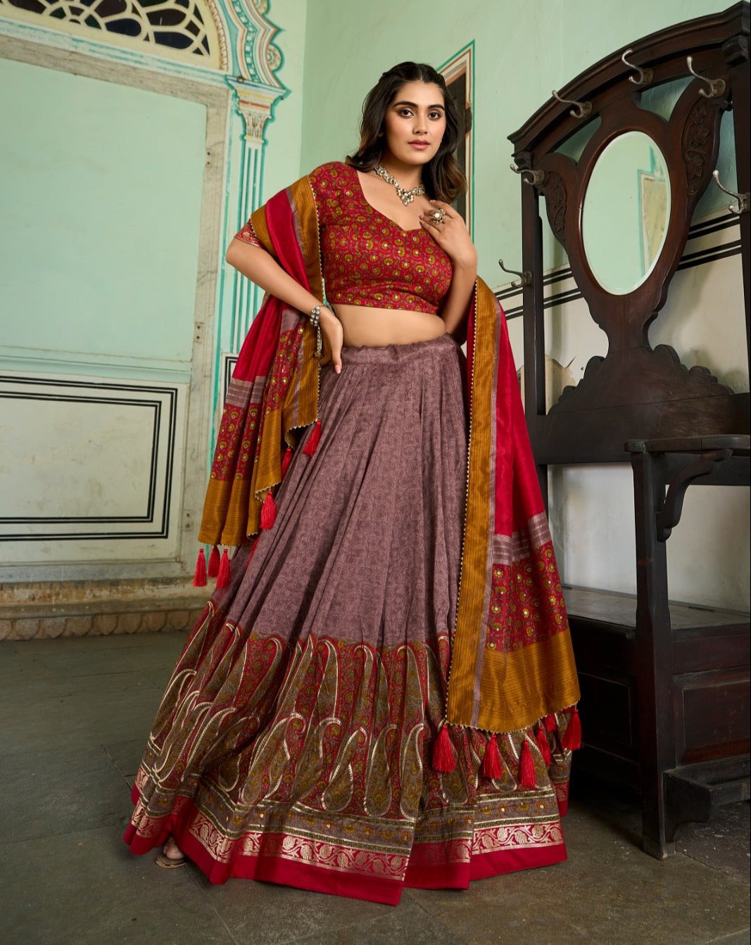Chic Onion Tussar Silk Kashmiri Printed Lehenga Choli Set - INDIAN ELEGANCE