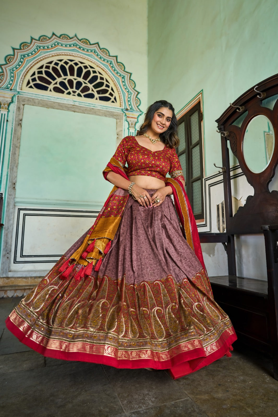 Chic Onion Tussar Silk Kashmiri Printed Lehenga Choli Set - INDIAN ELEGANCE