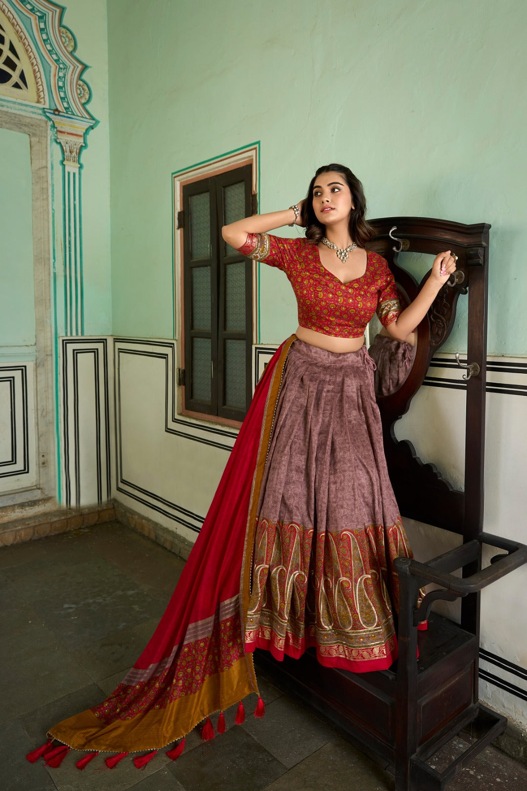Chic Onion Tussar Silk Kashmiri Printed Lehenga Choli Set - INDIAN ELEGANCE
