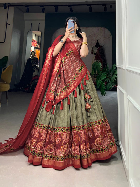 Ravishing Mehendi Green Tussar Silk Floral Printed Lehenga Choli - INDIAN ELEGANCE
