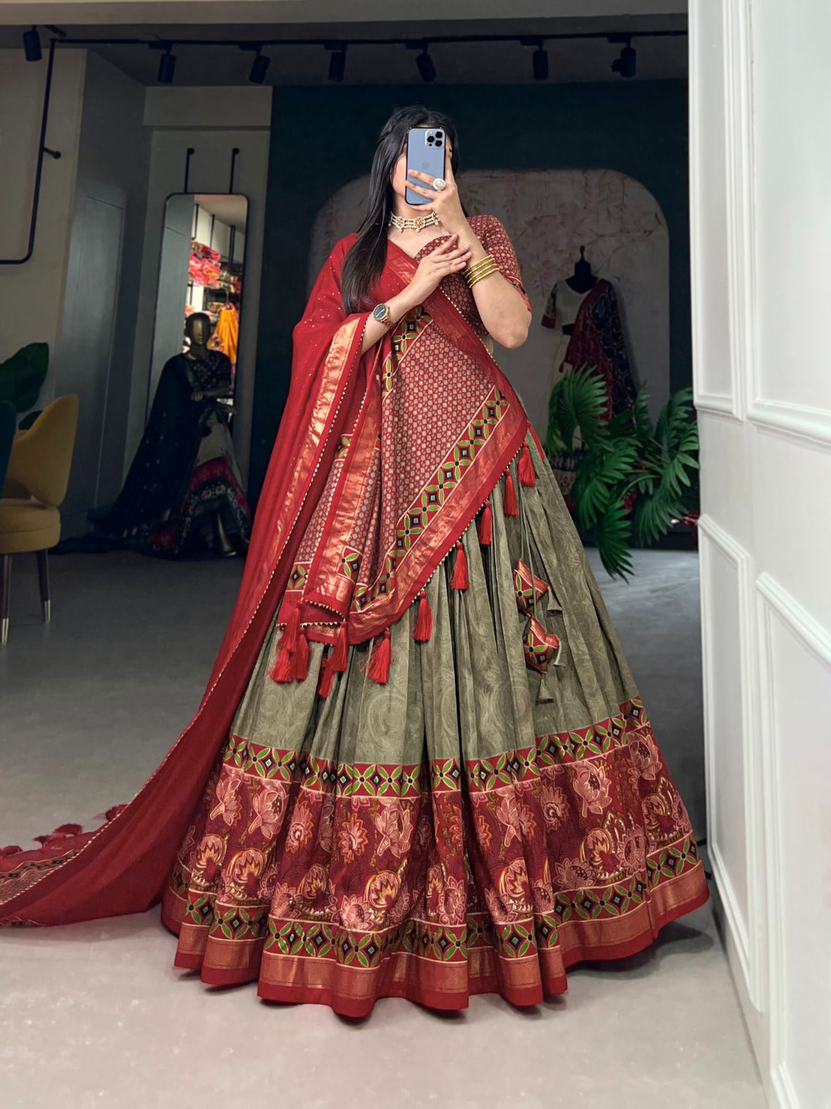 Ravishing Mehendi Green Tussar Silk Floral Printed Lehenga Choli - INDIAN ELEGANCE