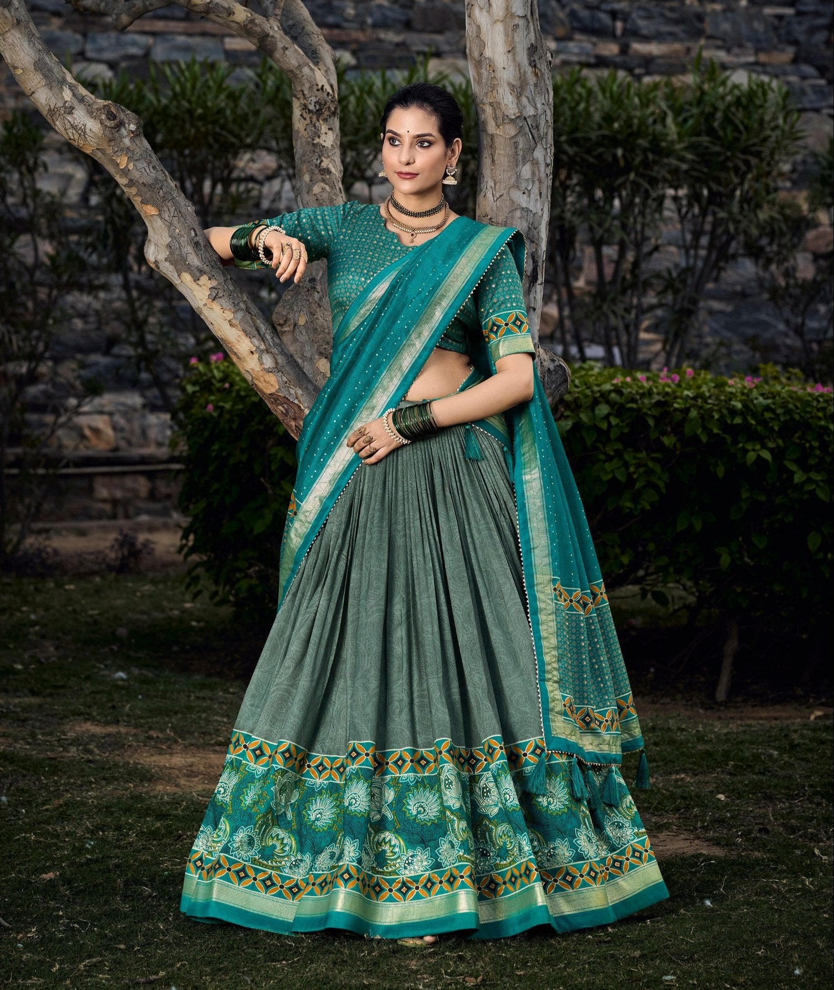 Lovely Sky Green Tussar Silk Floral Printed  Lehenga Choli - INDIAN ELEGANCE