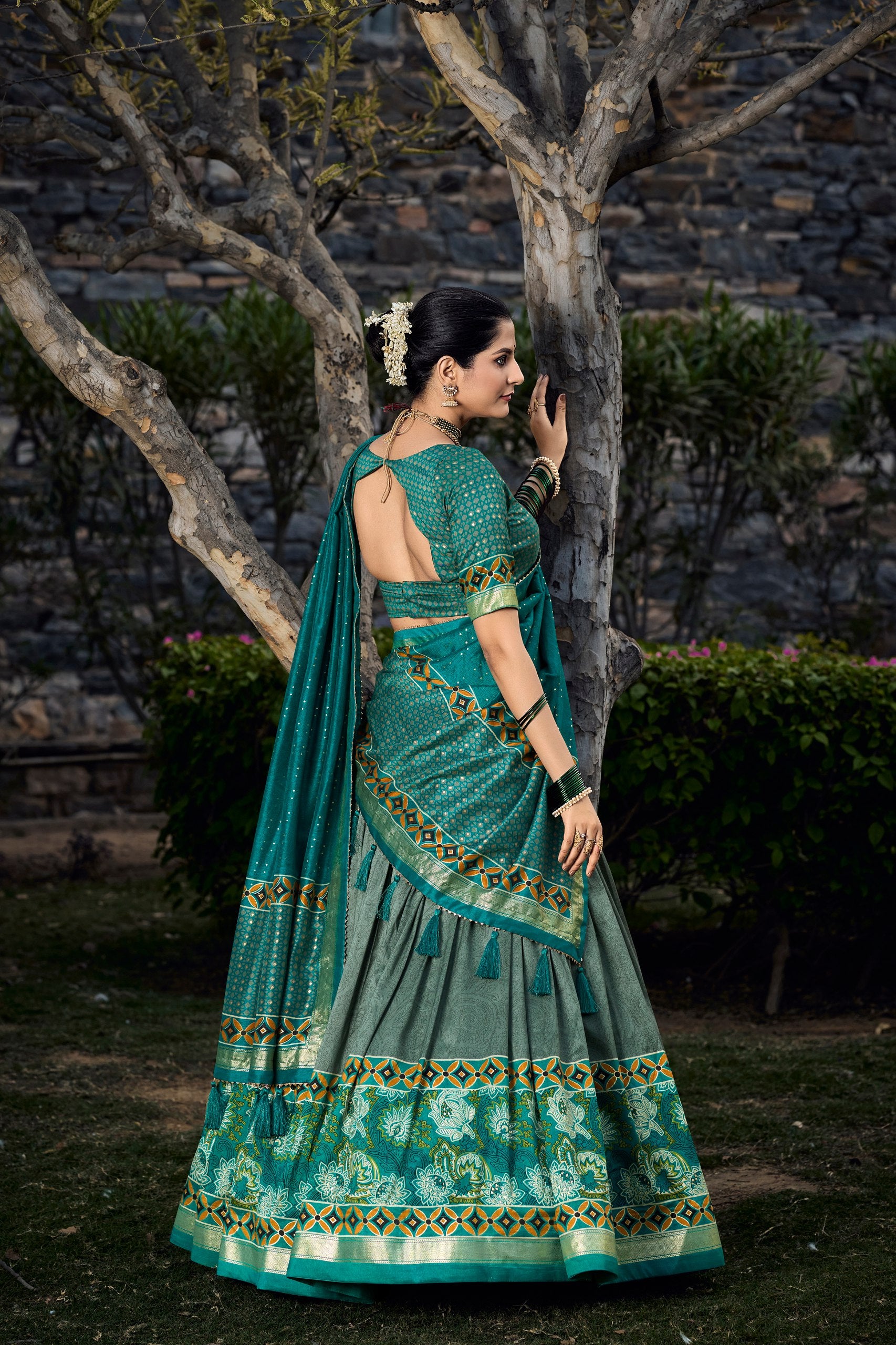 Lovely Sky Green Tussar Silk Floral Printed  Lehenga Choli - INDIAN ELEGANCE