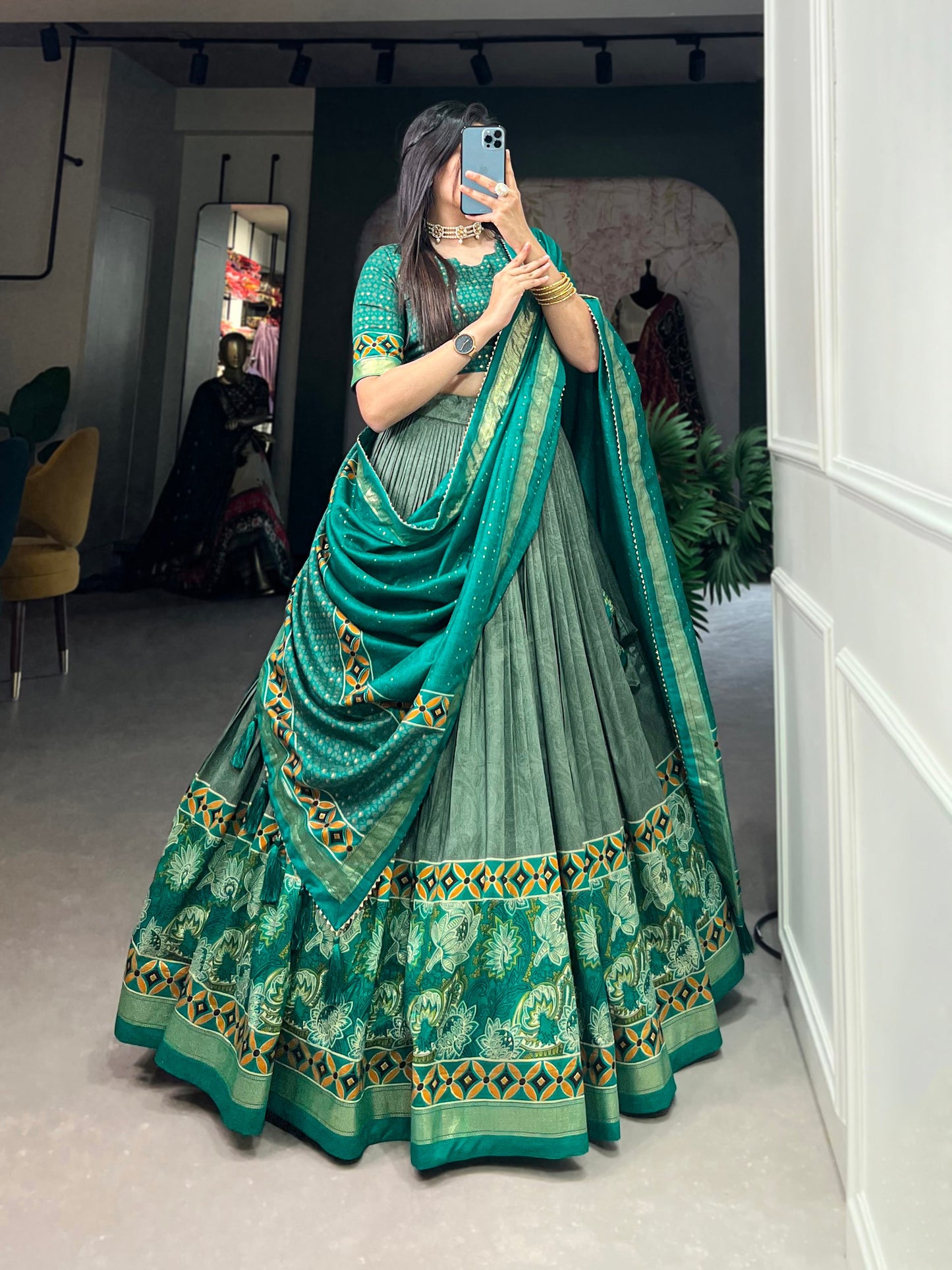 Lovely Sky Green Tussar Silk Floral Printed  Lehenga Choli - INDIAN ELEGANCE