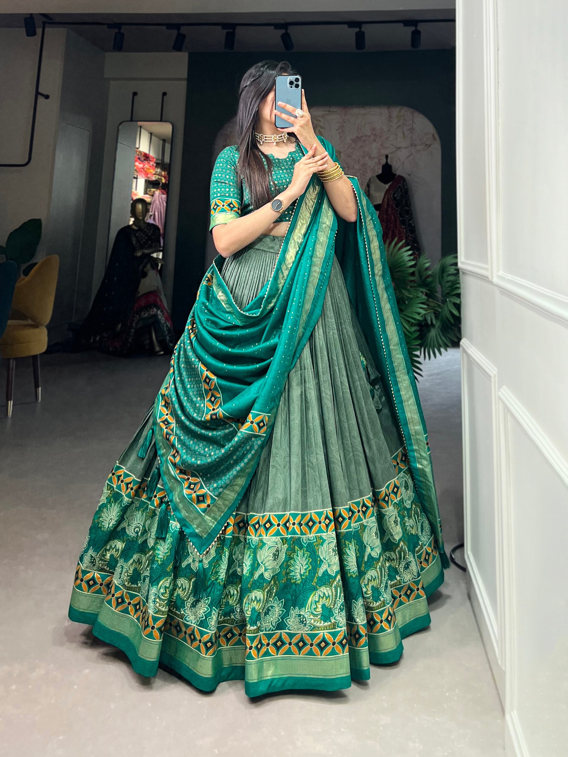 Lovely Sky Green Tussar Silk Floral Printed  Lehenga Choli - INDIAN ELEGANCE